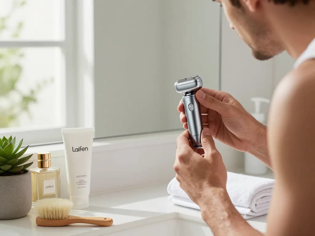 Man using a Laifen shaver in a stylish bathroom, showcasing modern grooming essentials.