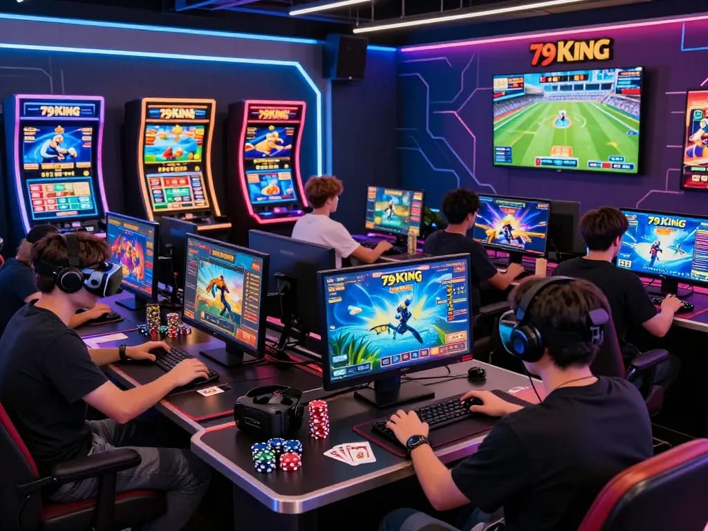 Exciting gaming environment with players engaged in 79 King’s diverse casino games, showcasing a vibrant atmosphere.