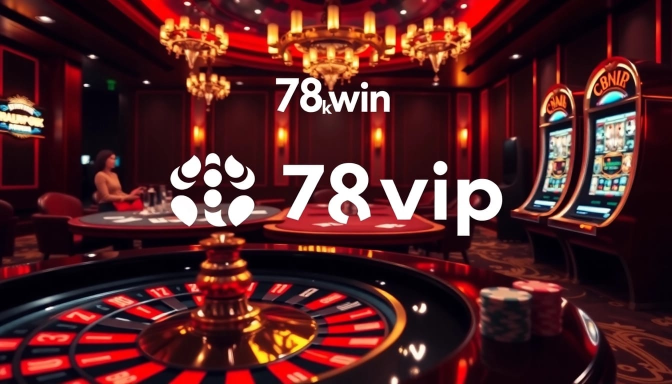 Players enjoying various games at a luxurious casino setting with 78win okvip branding.
