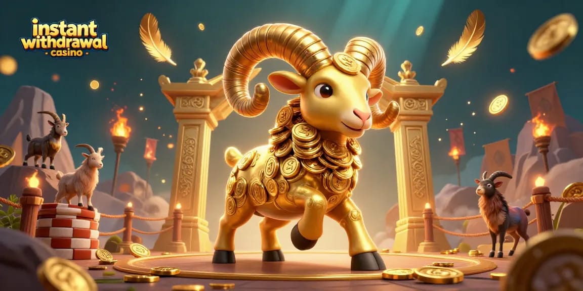 Experience fast payouts at an instant withdrawal casino with a dynamic 3D scene filled with golden elements.