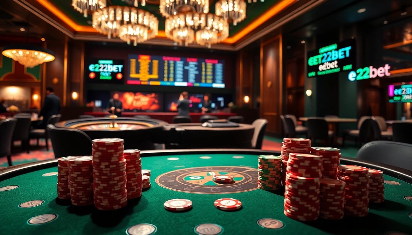 e2bet exciting Casino Scene with poker table and vibrant chips, enhancing online gaming excitement.