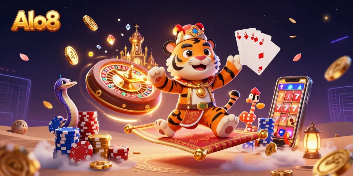 Alo8 showcases an Arabian Nights-themed casino adventure with a tiger sultan, magic elements, and vibrant casino games.
