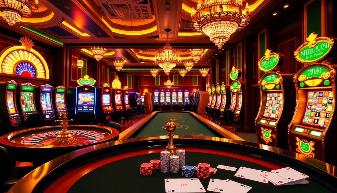 Nohu90 online gambling scene with roulette wheels and slot machines creating an exciting atmosphere.
