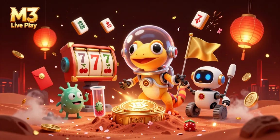 M3 Live Play showcases a Martian gecko and robot celebrating at a golden slot casino on Mars.