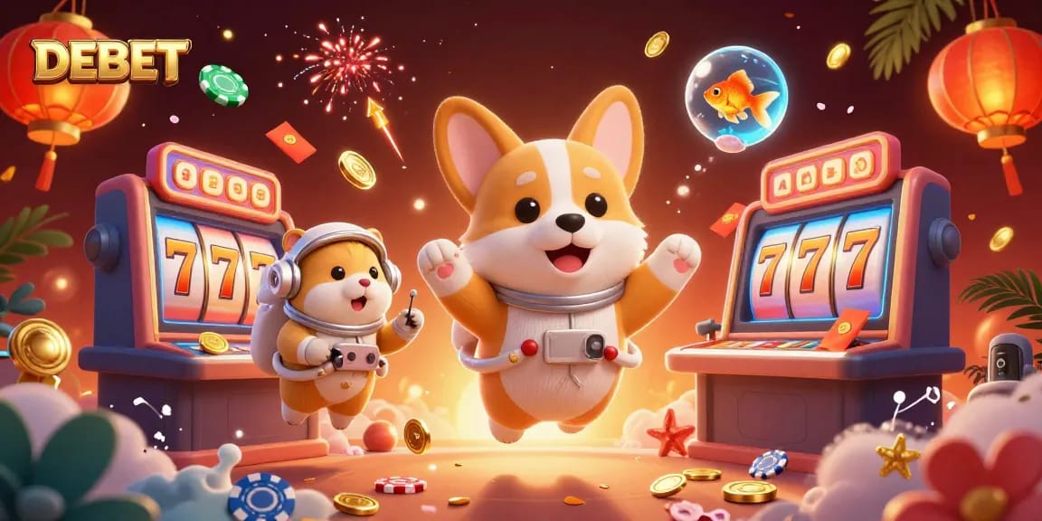 Experience the thrill at DEBET's casino with a floating astronaut corgi and vibrant game elements.