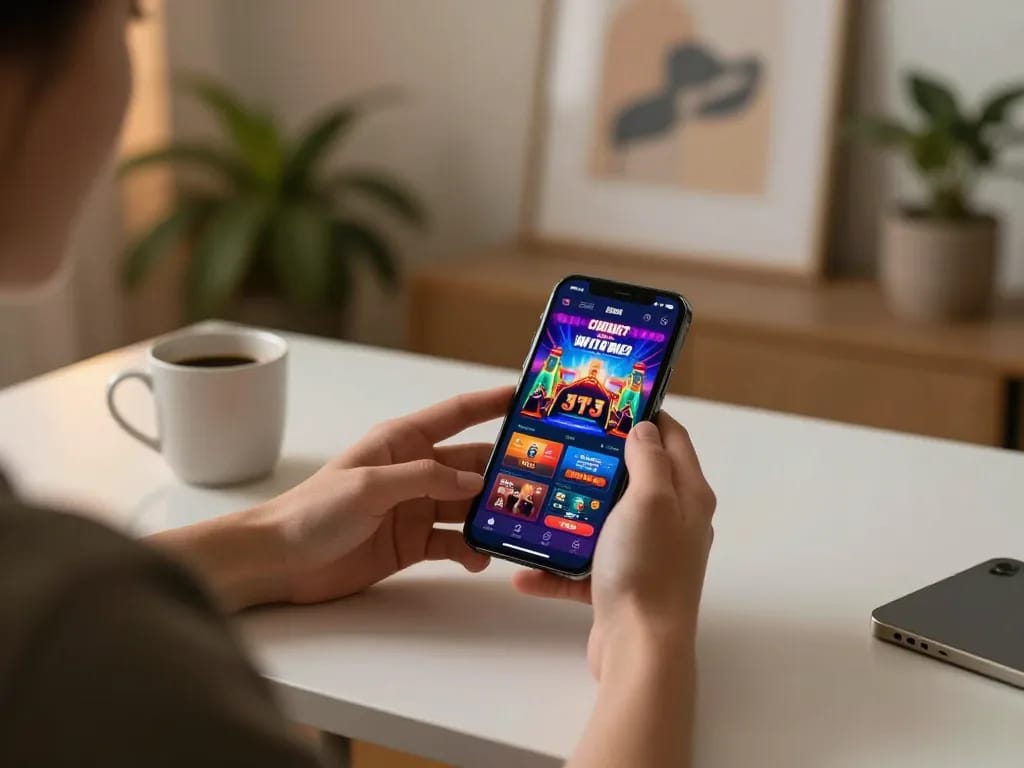 Engaging with SC88 casino app on smartphone in cozy home setting