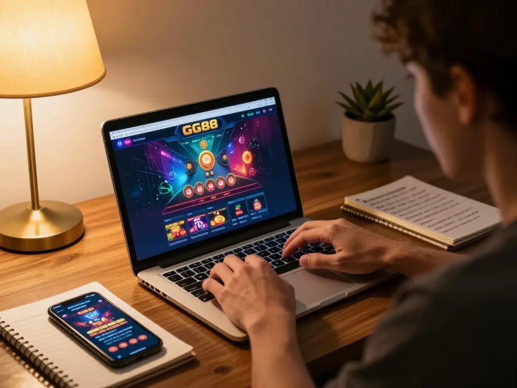 Engaging with GG88 online casino on a laptop in a cozy home office setting, showcasing responsible gambling.