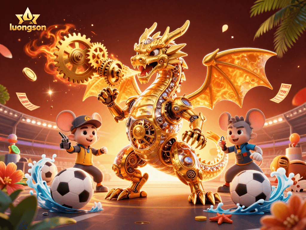 Experience betting thrills with luongson's dynamic sports scene featuring a golden dragon and vibrant elements.