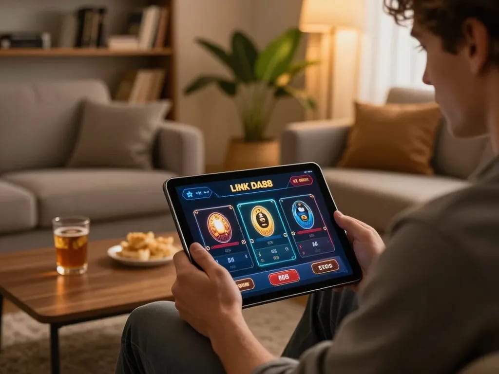 Engaging gaming moment on LINK DA88 platform in a cozy home setting with tablet and drinks.