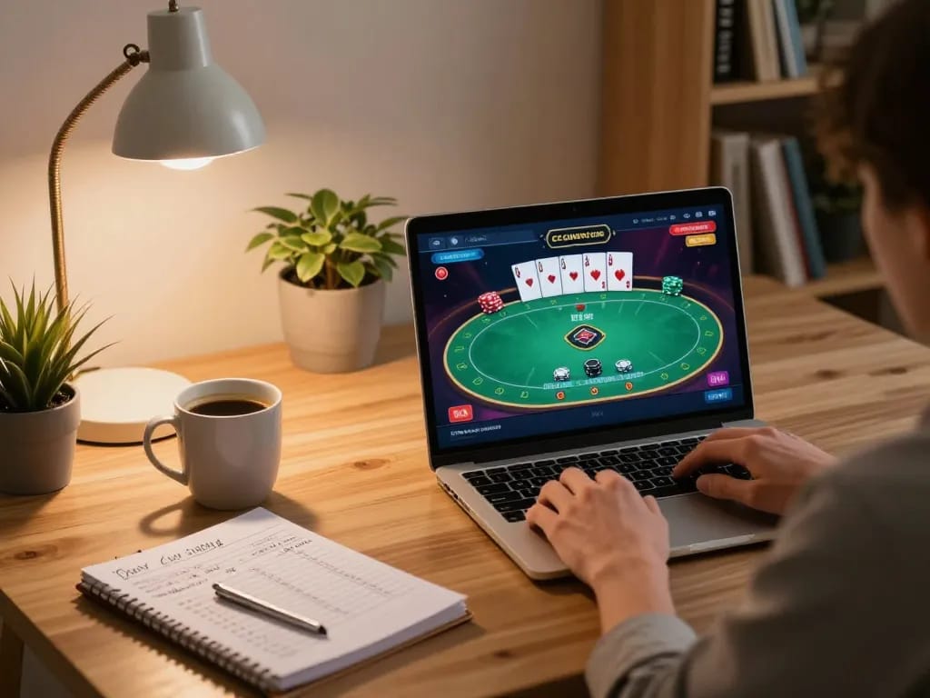 Pemain berinteraksi dengan permainan kasino online v87, menampilkan strategi poker di laptop dengan suasana fokus.