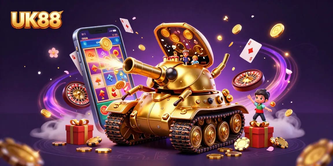 Experience the excitement of UK88 casino games with a golden beetle tank revealing a miniature casino, celebrating wins!