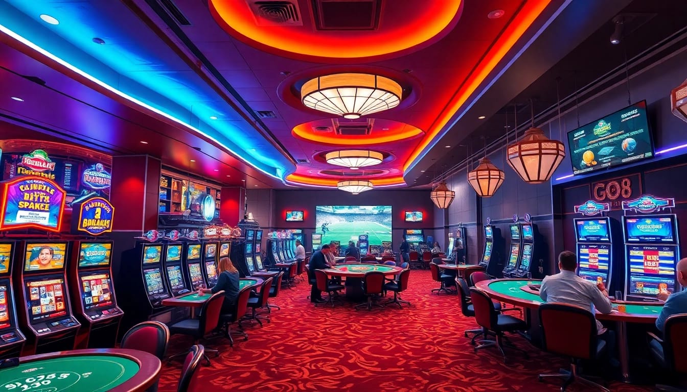 Explore the thrilling atmosphere of go8.com with vibrant gaming experiences, from slots to sports betting stations.