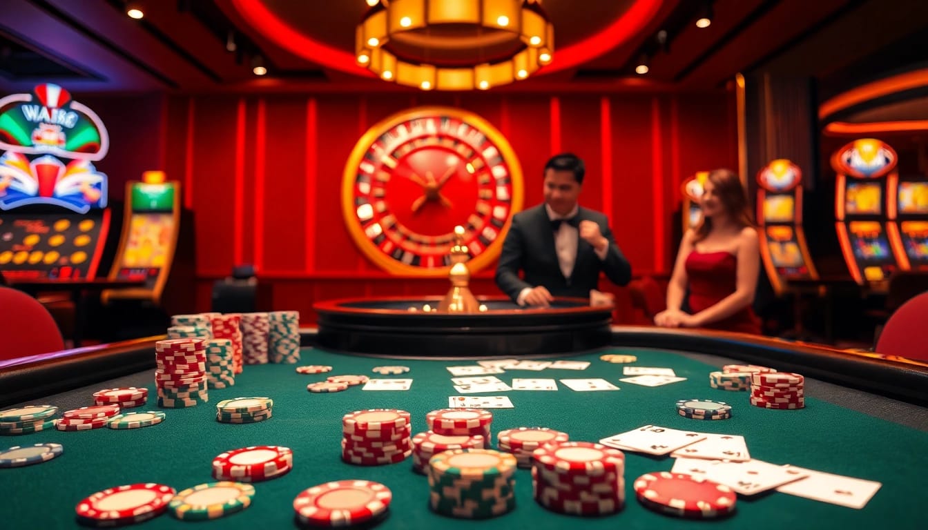Experience the thrilling gameplay at DA88 Casino with vibrant poker chips, spinning roulette wheels, and excited players.