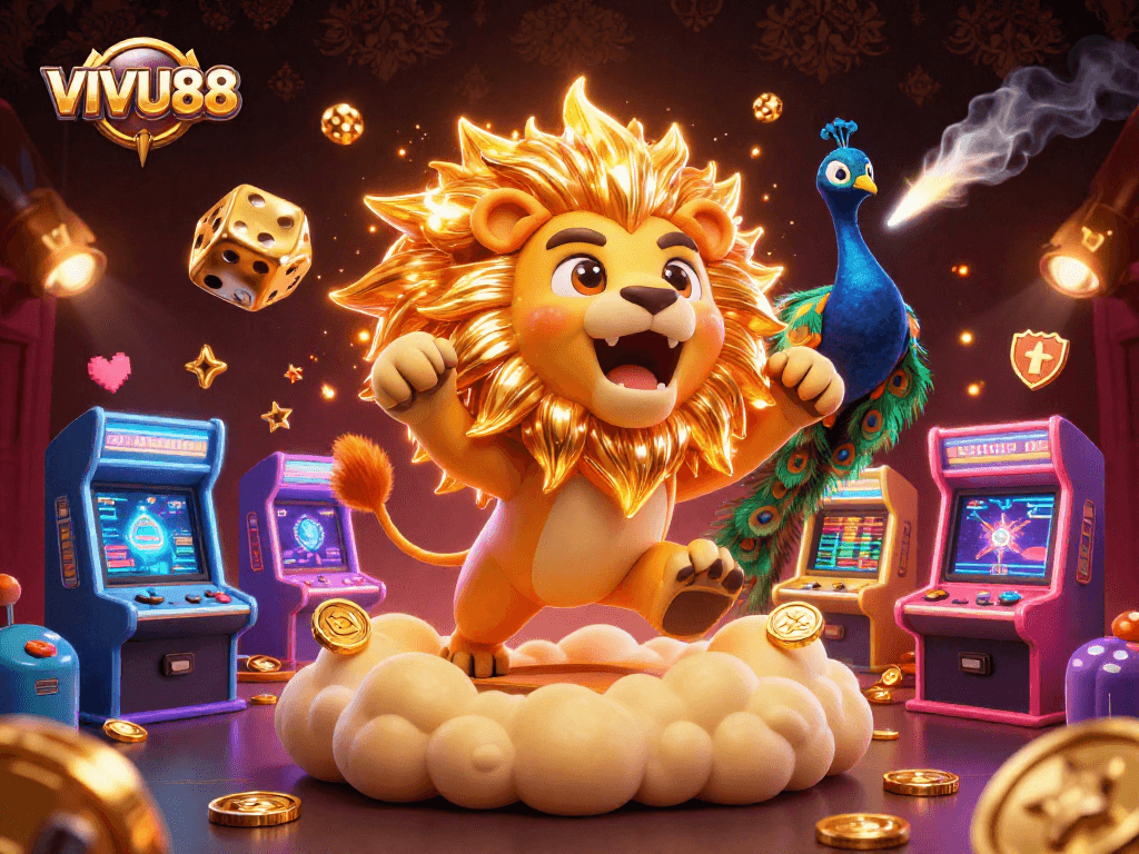 Experience vibrant excitement with VIVU88, where golden dice and a roaring sun lion enhance the casino gaming adventure.