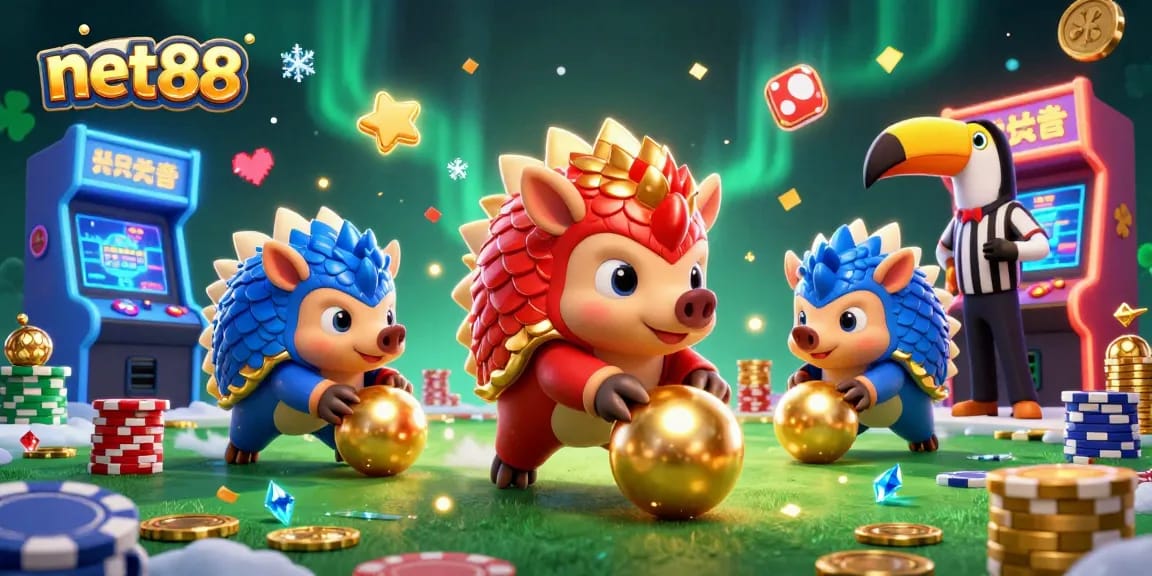 net88 pangolins compete in a vibrant casino environment with poker chips, arcade elements