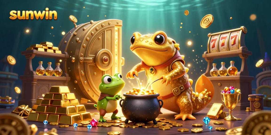 Experience the magic at sunwin with a golden salamander alchemist and riches in a vibrant casino scene.