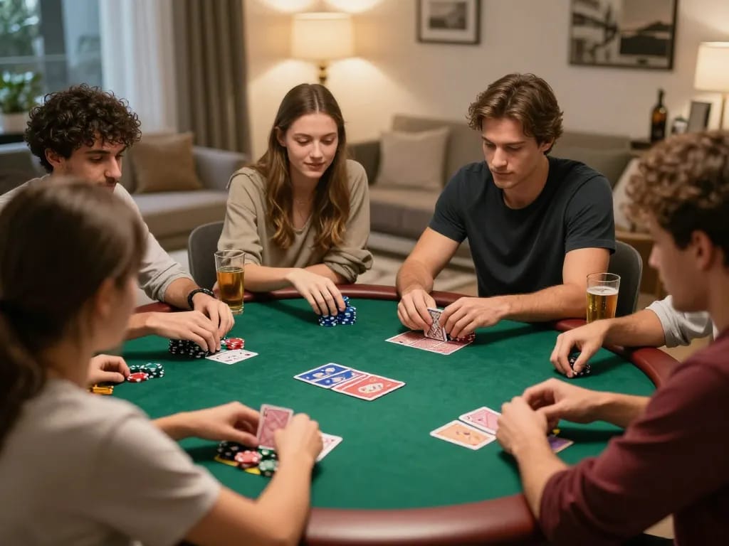 Friends enjoying an engaging poker game night while employing strategic bets around the NK88 themed table.