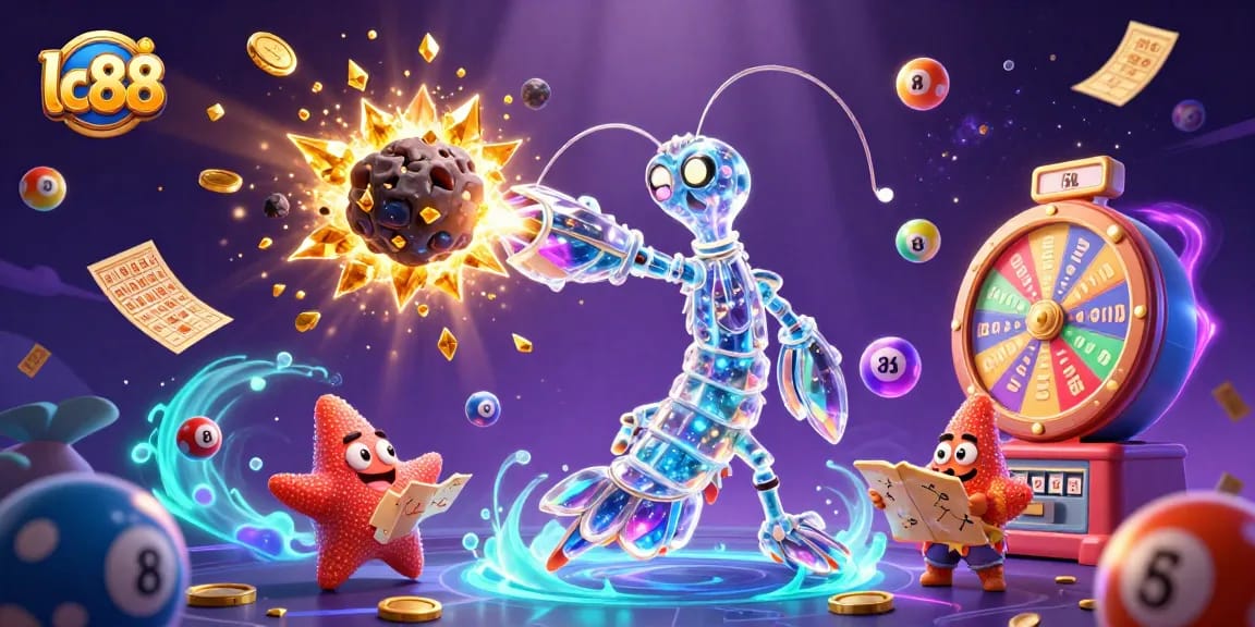 Experience thrilling gaming action at lc88 with vibrant elements like lottery balls and golden tickets.
