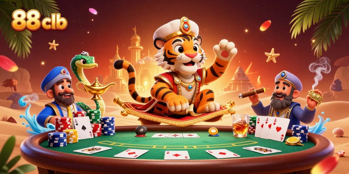 Engage with 88 clb in this vibrant 3D casino scene featuring a tiger sultan, poker elements, and a magical atmosphere.
