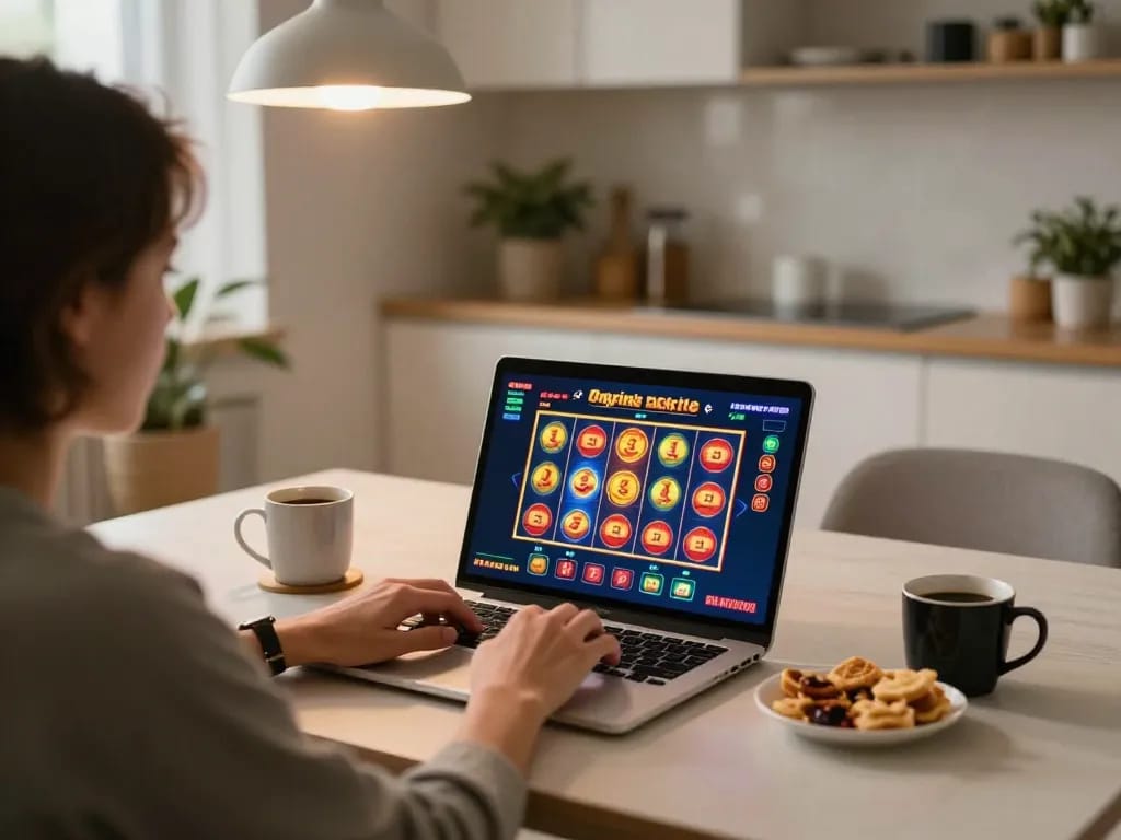 Player engaging with online slots at home while exploring vnloto gaming options comfortably