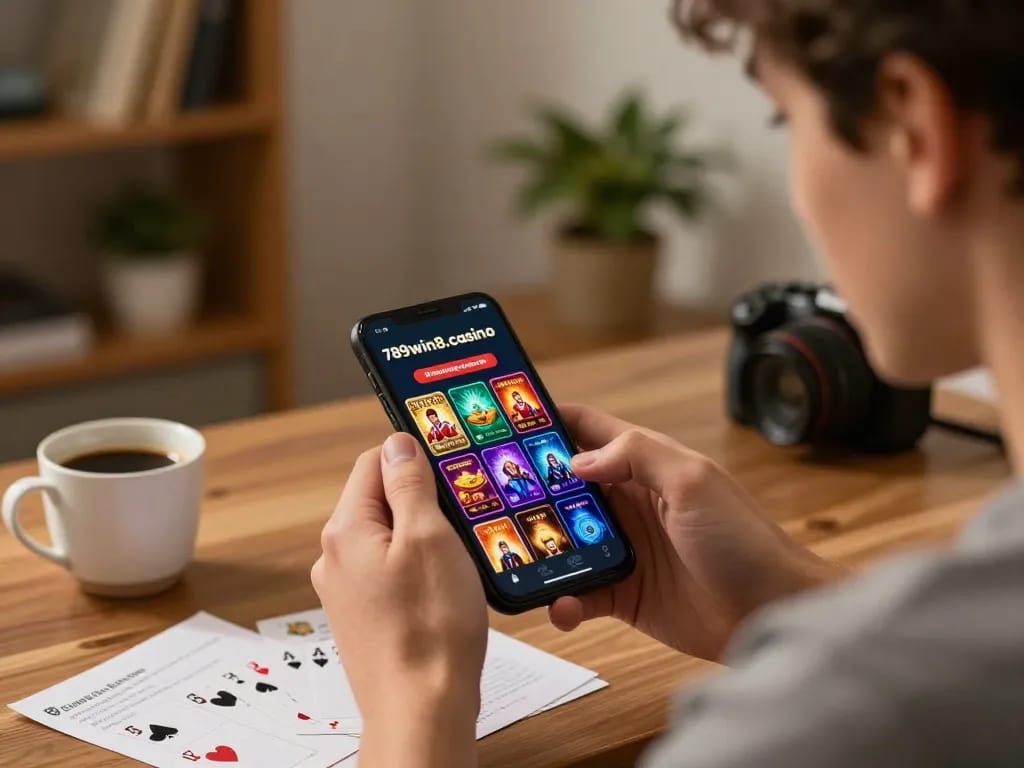 Engaged player exploring mobile casino games on 789win8.casino app while enjoying a cozy gaming experience at home.