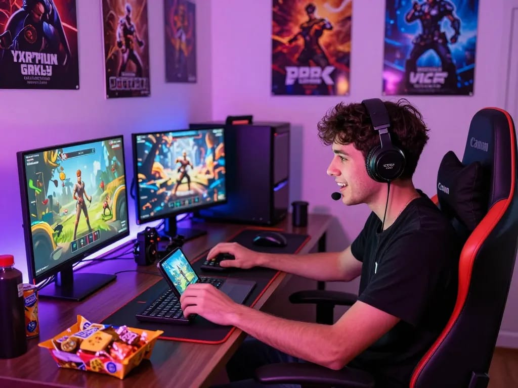 Engaging hitclub gaming atmosphere with devices, merchandise, and colorful lighting
