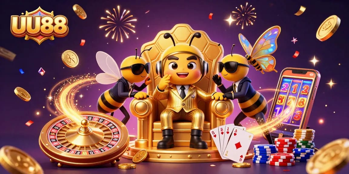 UU88 offers thrilling casino experiences with a buzzing bumblebee mob boss surrounded by vibrant casino elements.