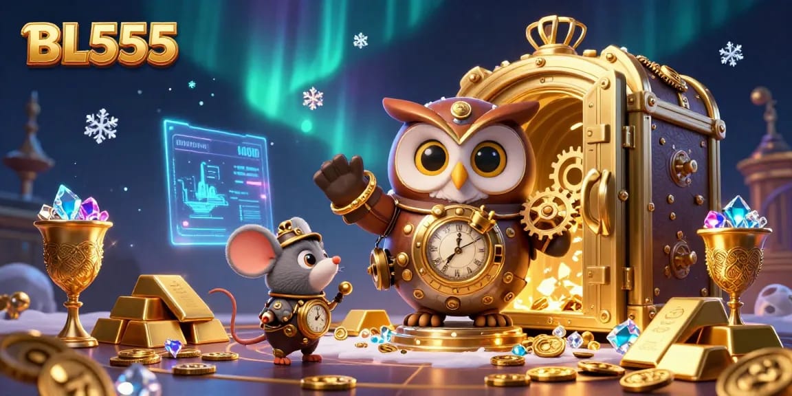 Experience the excitement of gaming at BL555 with treasure elements and casino icons in this vibrant illustration.