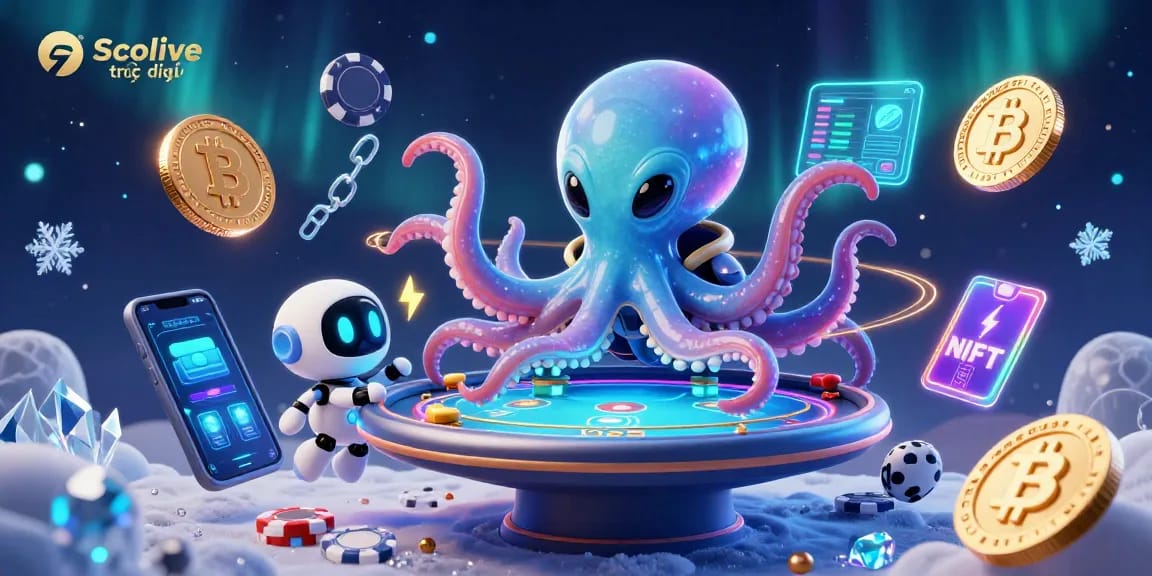 Engage in Socolive trực tiếp action with a cosmic octopus at a holographic poker table.