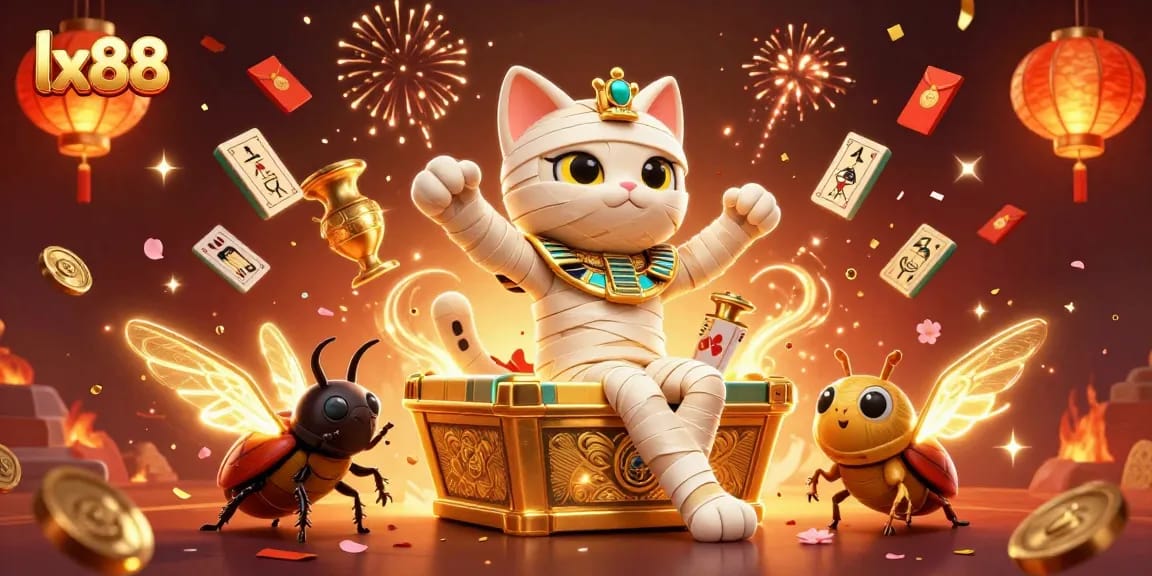Experience lx88's thrilling casino atmosphere with a mummy cat, golden sarcophagus, and dynamic gambling elements.