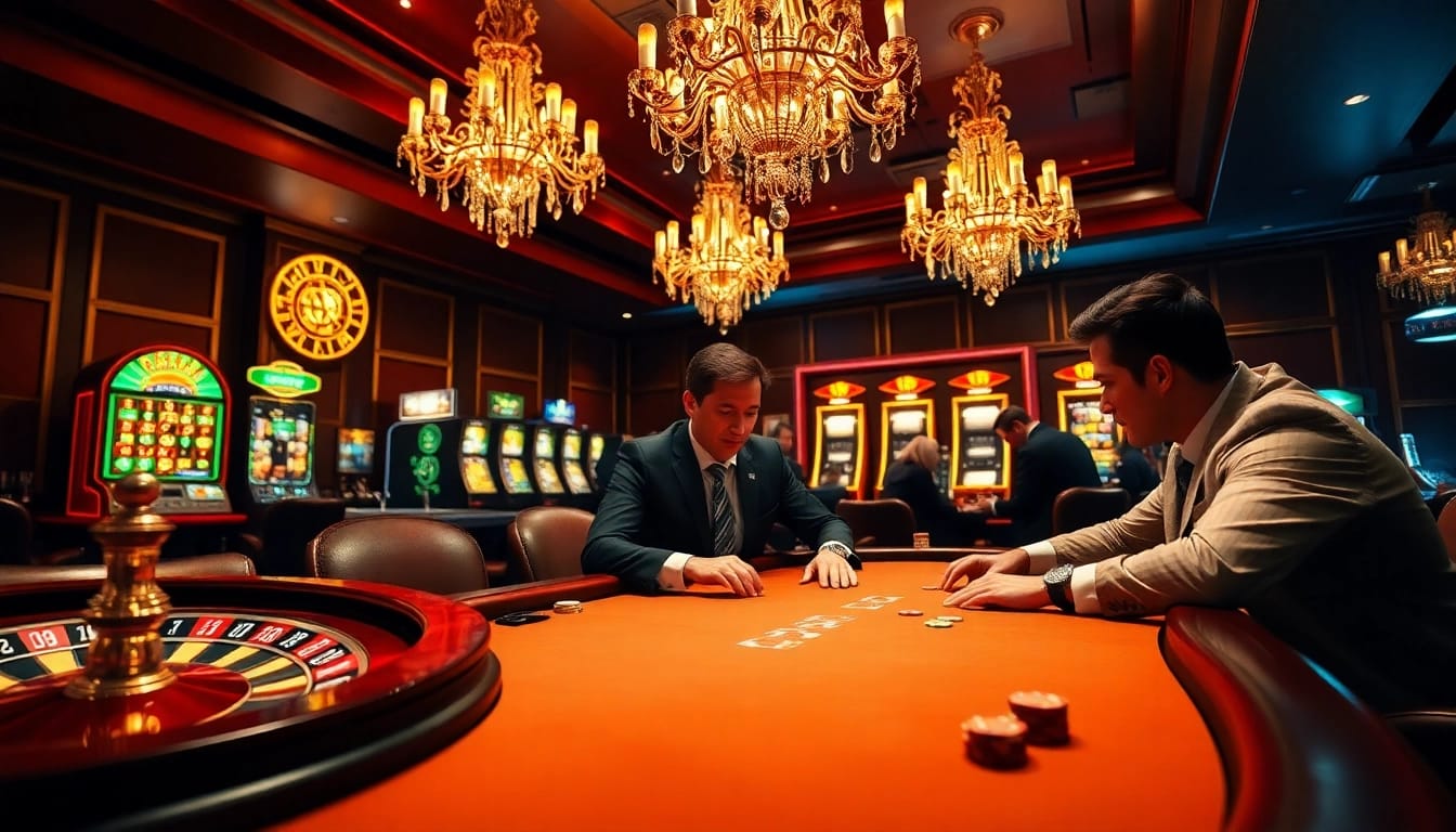 Experience high-stakes gaming at a luxurious casino with cm88.men featuring poker tables and roulette wheels.