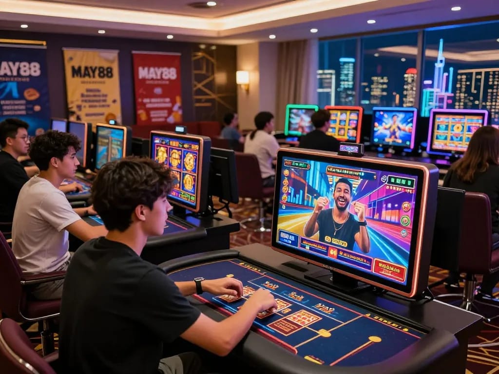 Engaging online gambling scene featuring MAY88's vibrant casino games and live dealer interactions.