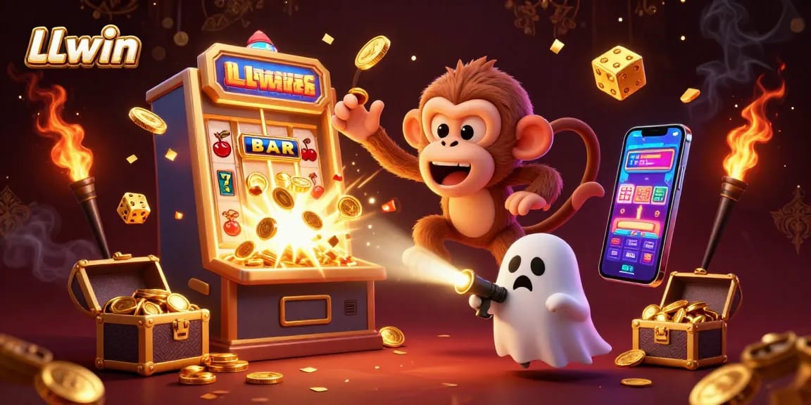 Experience thrilling jackpots at LLwin casino, featuring a playful poltergeist monkey surrounded by golden coins and excitement.