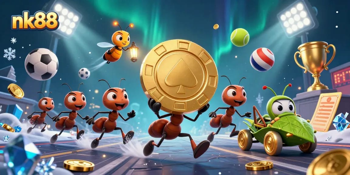 Join the thrilling adventure at nk88, where ants carry a giant poker chip through a vibrant casino tunnel.
