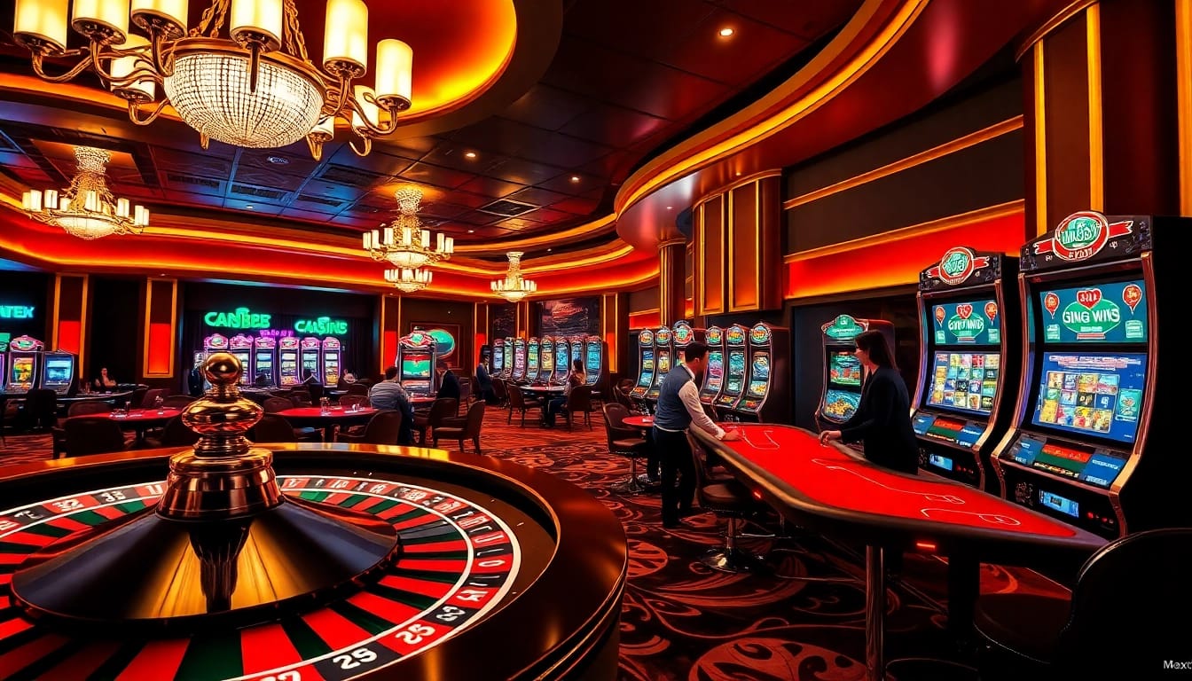 Experience the excitement of gambling at Max88 with vibrant casino visuals featuring roulette wheels and poker tables.