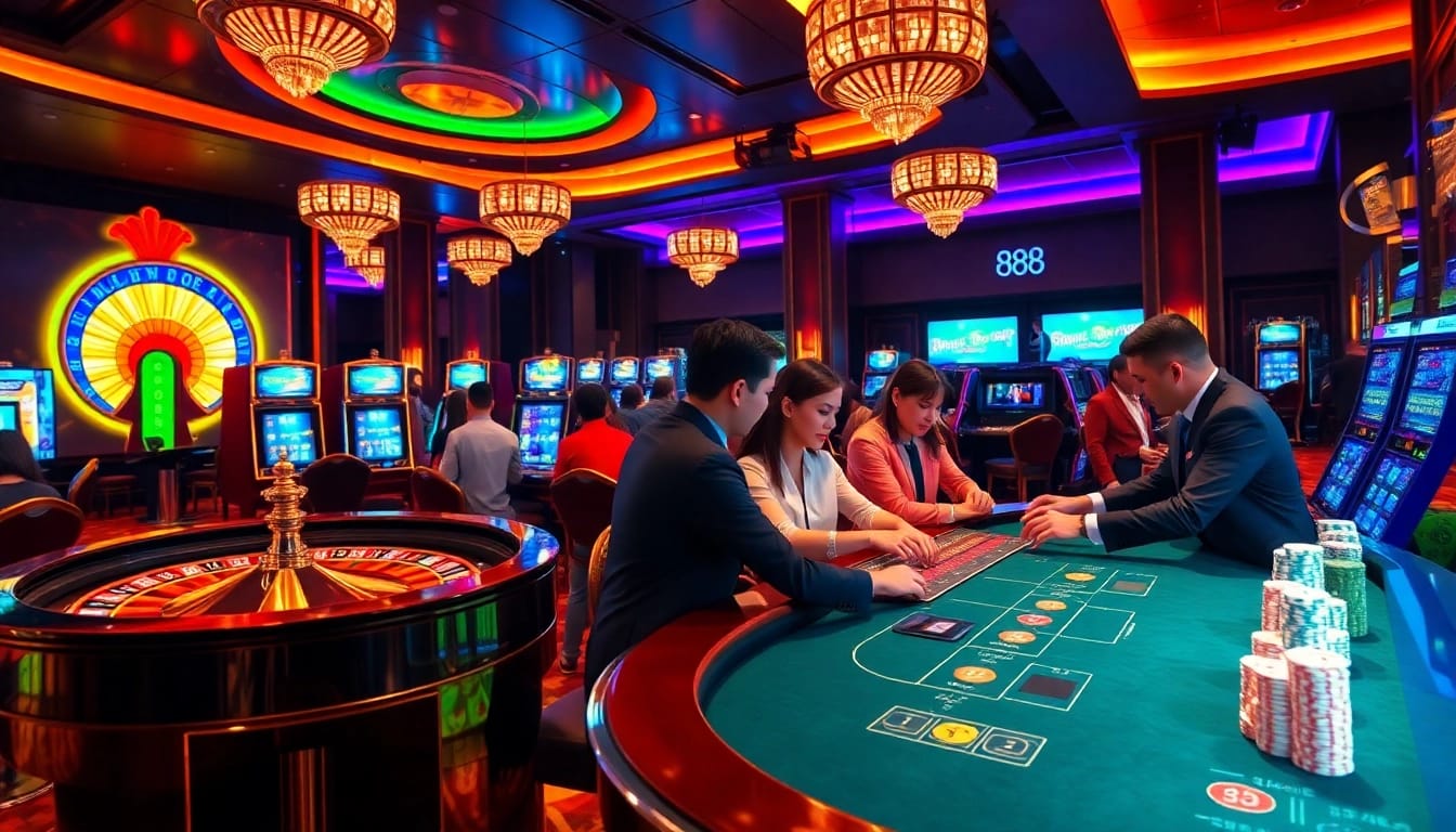 Players enjoying an exciting game at Lucky88 casino, surrounded by vibrant slot machines and a roulette wheel.
