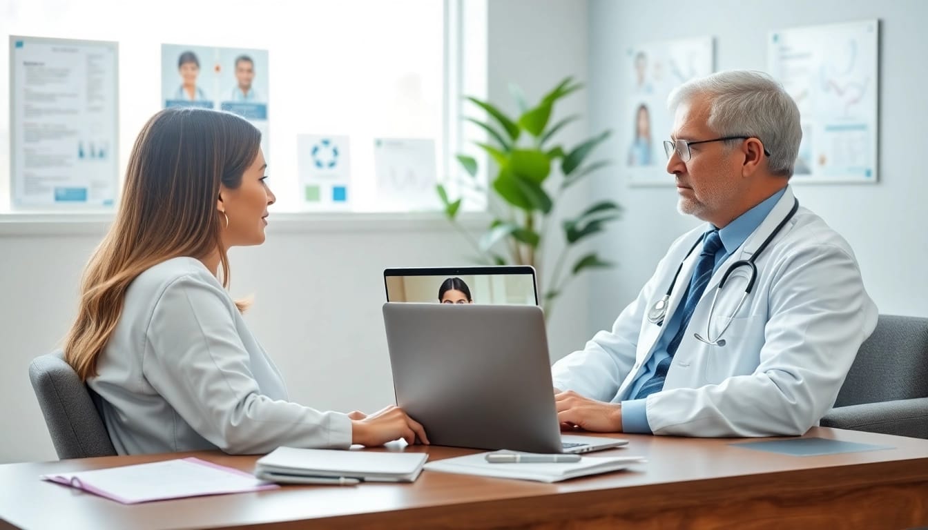 Message a doctor online 24/7 through a virtual consultation in a bright, professional setting.