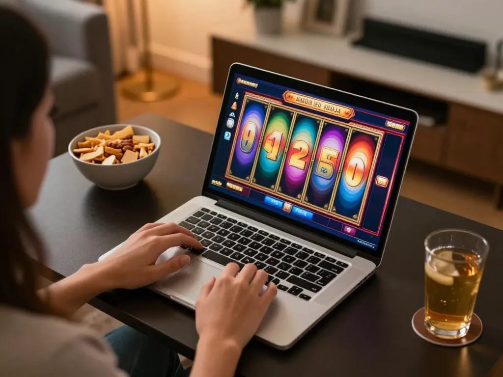 Engaging online gaming experience on trang chủ lc88, showcasing a player enjoying slot games in a cozy home setting.