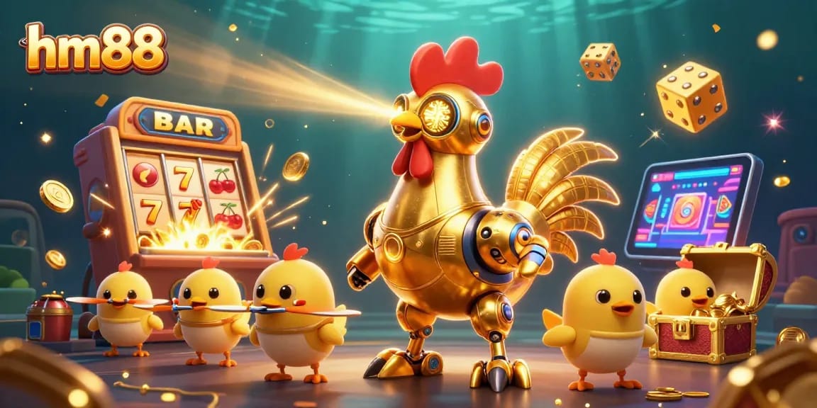 Experience thrilling wins at hm88 with a dynamic illustration of a golden rooster robot and baby chick drones in a vibrant casino setting.