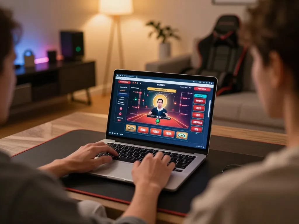 Engaging in responsible online gaming with LINK MI88 on a laptop, showcasing vibrant casino interface.