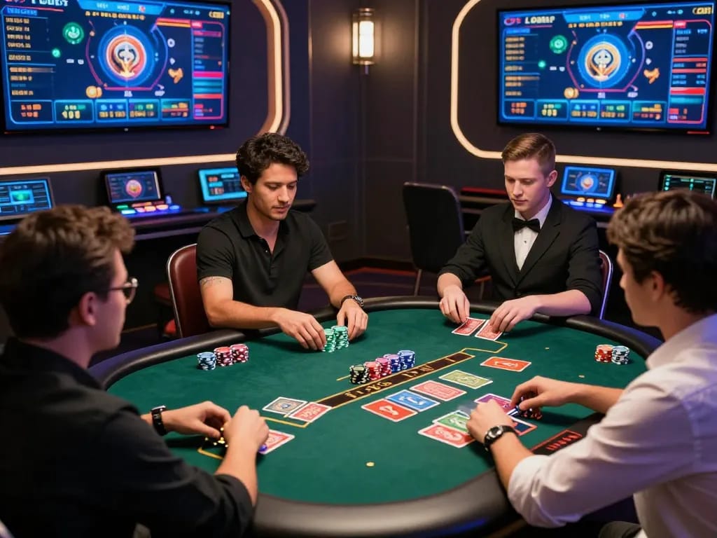 Exciting online gaming atmosphere featuring players engaged in rikvip tài xỉu, colorful chips and dynamic dealer interaction.