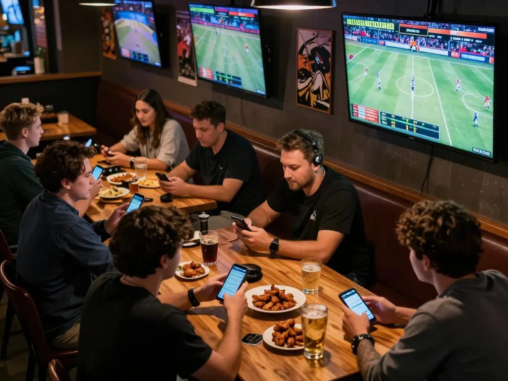 Engaging sports fans placing bets on LINK FABET in a lively sports bar atmosphere with excitement.