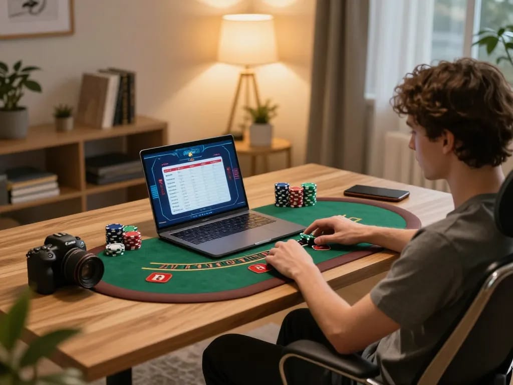 Engaging online blackjack gameplay at https://ok8386.autos/ with strategic focus and cozy home setup.