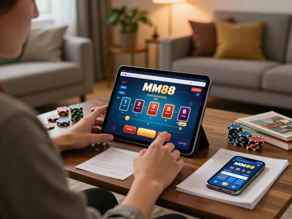 Engaging home gaming scene using the MM88 poker app on a tablet while strategizing