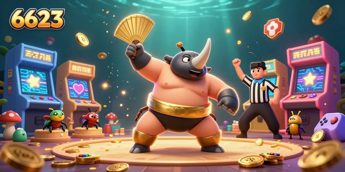 Experience the thrill of winning at 6623 with a powerful beetle champion in a vibrant casino scene.