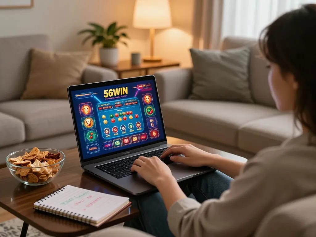 Engaging in casino gaming on 56WIN link from a cozy home setting with warm lighting and snacks.