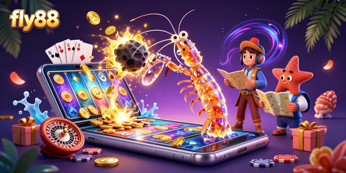 Experience immersive gaming at fly88 with vibrant 3D illustrations of casino celebrations.
