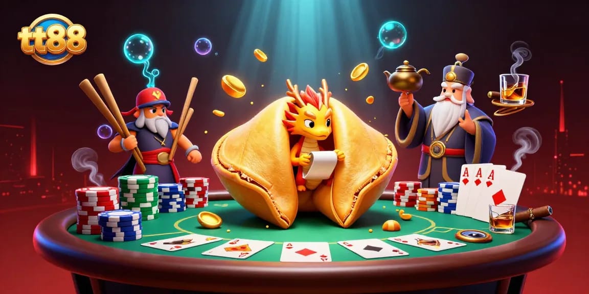 Engage in thrilling games at tt88, showcasing a dynamic 3D dragon scene around poker elements.