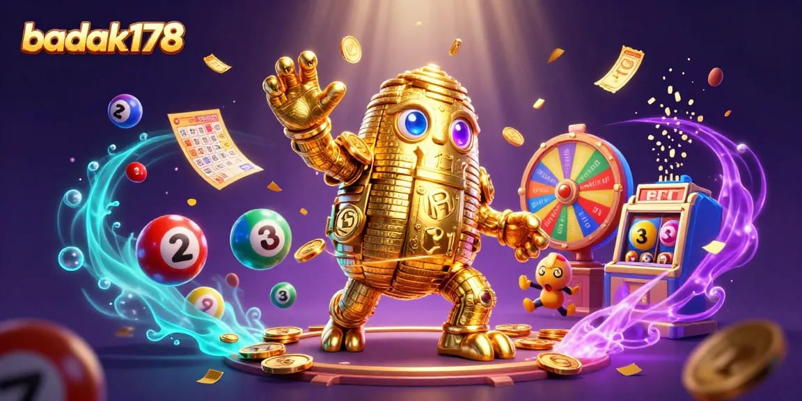 Engage with badak178's dynamic lottery scene featuring a golden golem amidst vibrant game elements.