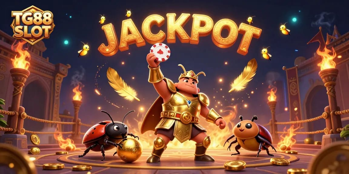 Experience the thrill of TG88 SLOT with a victorious beetle lifting a poker chip amidst golden treasures.